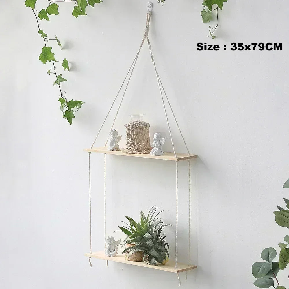 Wooden Rope Swing Wall Hanging Plant Flower Pot Tray Mounted Floating Wall Shelves Nordic Home Decoration Mored Simple Design