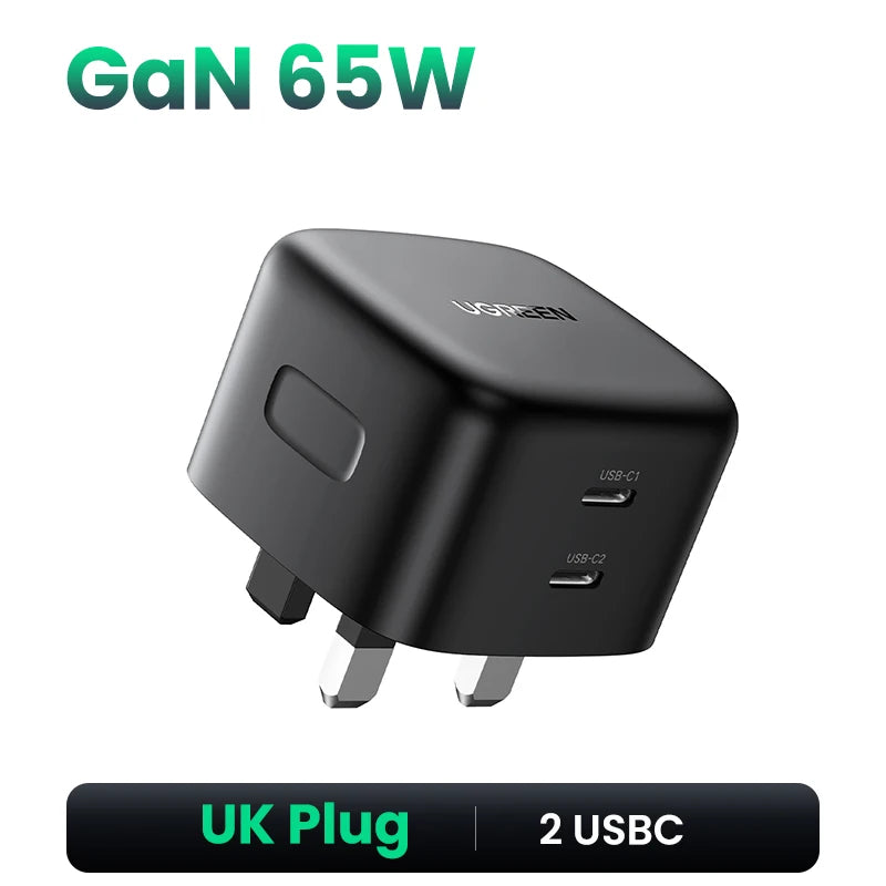 شاحن UGREEN UK Plug GaN 100W 65W سريع QC 4.0 3.0 لجهاز Macbook Air Tablet iPhone 16 15 14 Pro Max Xiaomi USB Type C PD Charger