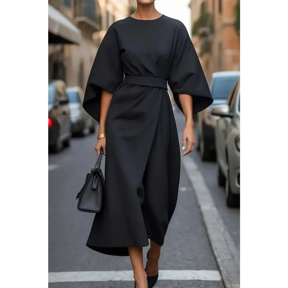 Spring Autumn Fashion OL Dress Women Elegant Solid Round Neck Flared Sleeves High Waist Straight Tube Long Dress Women 2025 New