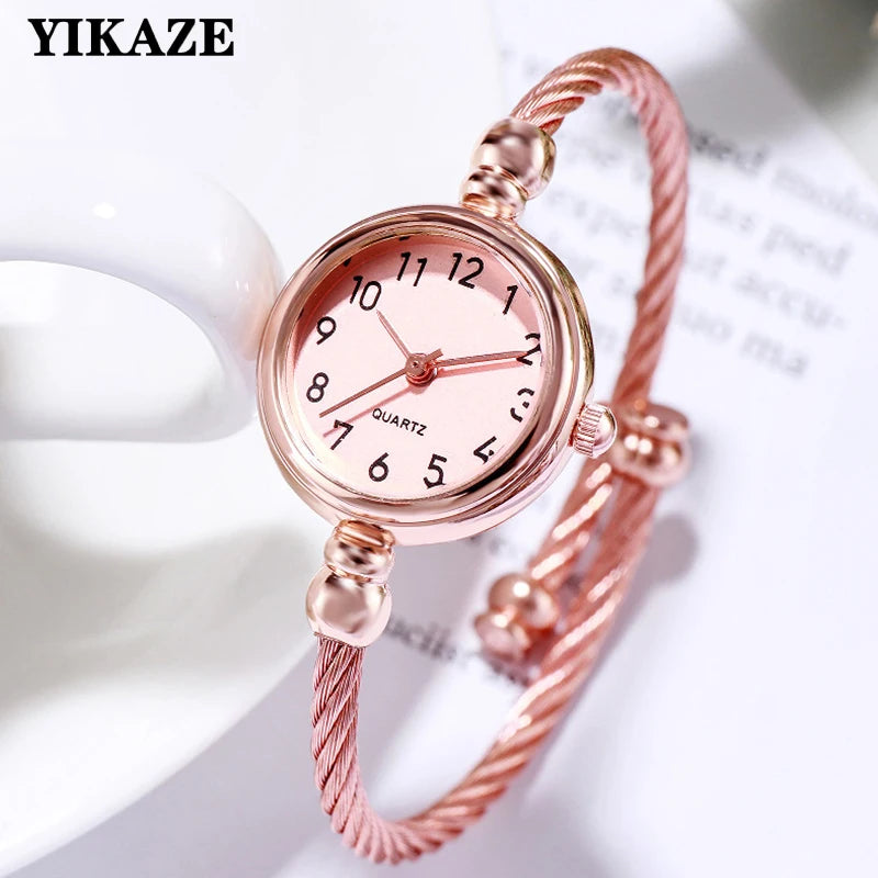 YIKAZE Small Gold Bangle Bracelet Luxury Watch Stainless Steel Retro Ladies Quartz Wristwatch Fashion Casual Thin Chain Watches