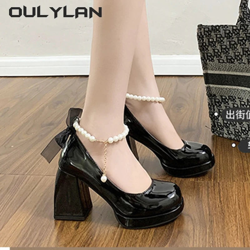 Oulylan Women High Heels Elegant Bow Square Toe Black Fashion  Pumps Thick Heel Wedding Party Pearl Lace Wedding Shoes Ladies