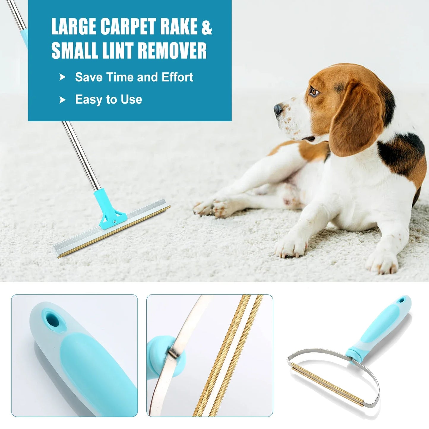 Pet Hair Remover Set Carpet Rake for Pet Hair Removal Adjustable Long Handle Cat Dog Hair Broom Reusable Fur Lint Remover Knife