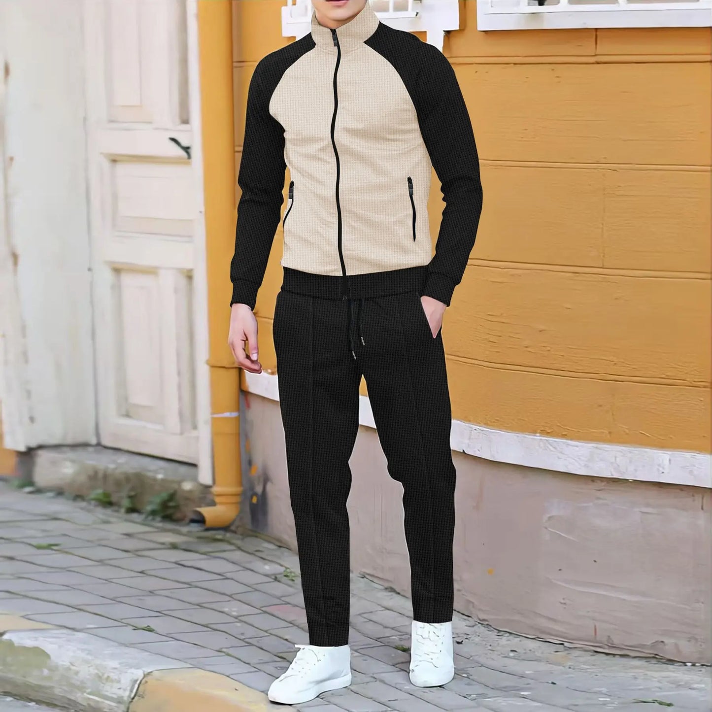 Spring and autumn men's casual suit fashion color contrast with rotator sleeve high neck jacket + trousers casual outdoor sports