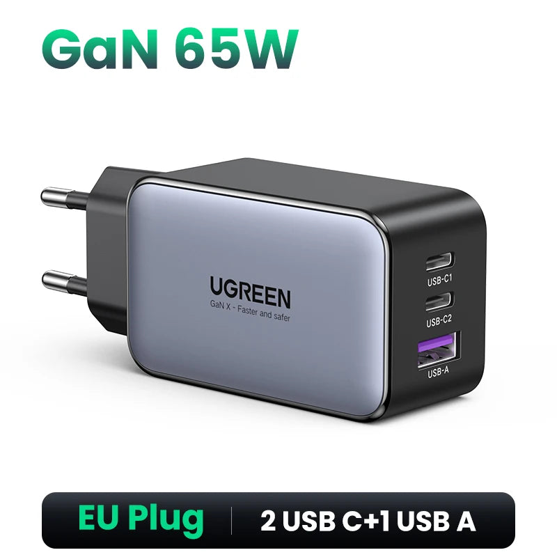 شاحن UGREEN GaN بقوة 65 وات بتقنية الشحن السريع 4.0 3.0 USB C لأجهزة iPhone 16 15 14 Pro Max والكمبيوتر المحمول وMacbook Air والكمبيوتر اللوحي وشاحن PD السريع