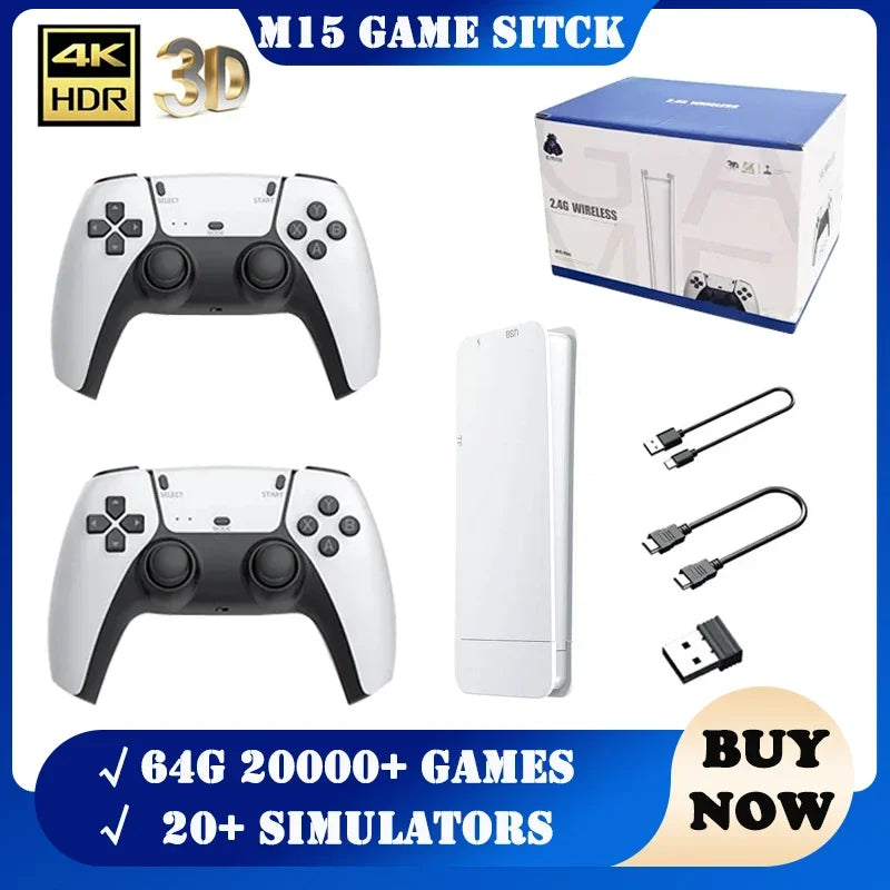 وحدة تحكم ألعاب M15 Game Stick Mini TV المحمولة ولوحة ألعاب لاسلكية لألعاب الفيديو بسعة 64 جيجابايت و20000+ لعبة كلاسيكية عالية الدقة للاعبين اثنين لـ PS1 وما إلى ذلك