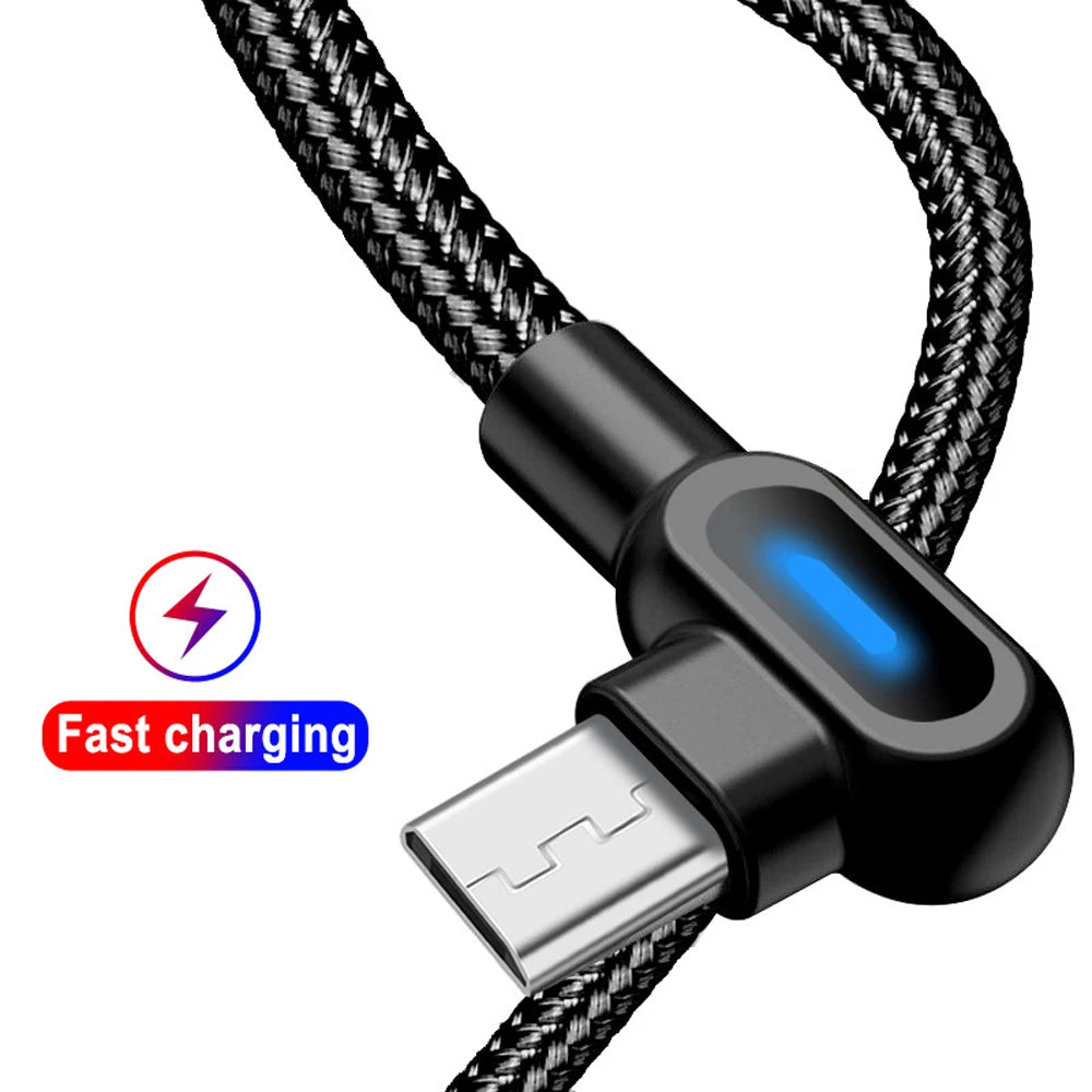 كابل USB من النوع C مزود بإضاءة LED بزاوية 90 درجة وشحن سريع لهاتف iPhone 14 13 Pro Max وSamsung وXiaomi وHuawei وكابل بيانات الشاحن