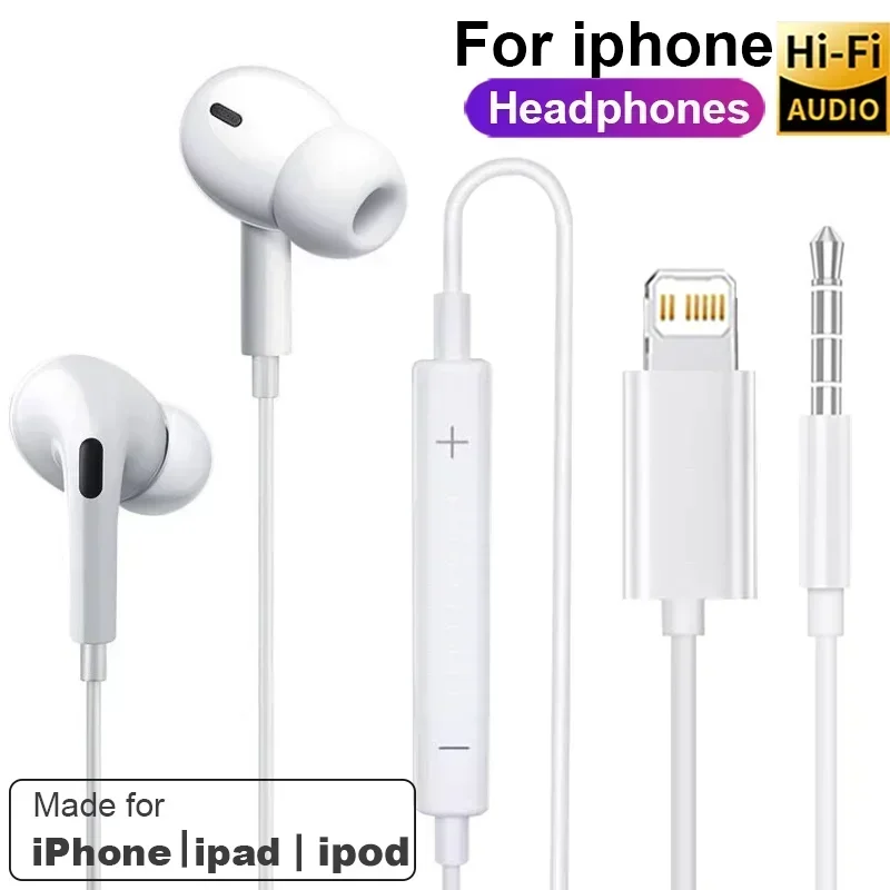 Original Earphones For Apple iPhone 14 Pro Max Lightning Headphones 13 12 11 Mini X XS XR SE 6 7 8 Plus Wired In-Ear Call Earbud