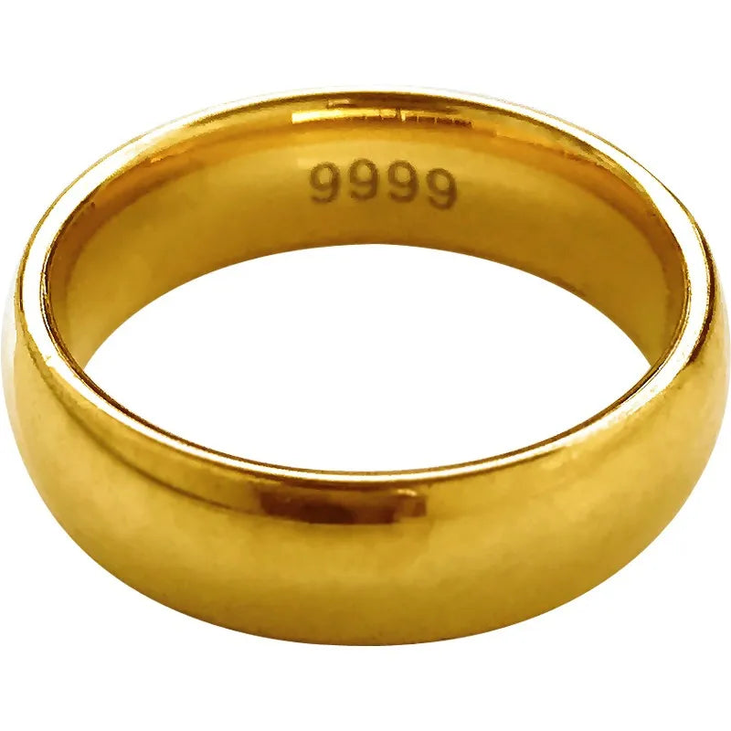 UMQ 24K Pure Plated Real 18k Yellow Gold 999 24k Plain Smooth Face Personality Money Seeking Couple Ring for Men and Women Coupl