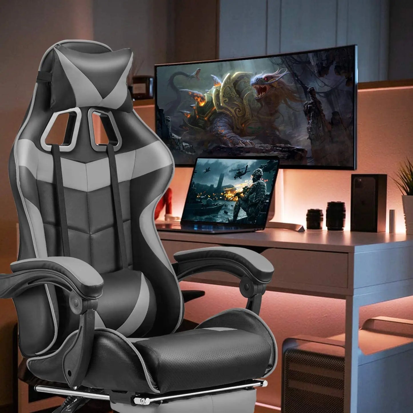 ﻿  Leather Office Gaming Chair with Ergonomic and Lumbar Support Retractable Footrests Silent Casters