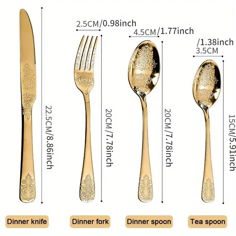 1 Set Gold Cutlery Stainless Steel Fork Spoons Knife Tableware Kit Luxury Flatware Set Dinnerware for Home Kitchen Restaurant