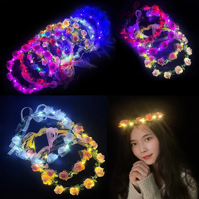 Luminous LED Rose Wreath with Ribbon Artificial Flower Crown Fashion Lighting Girls Women Hairband Birthday Wedding Decoration