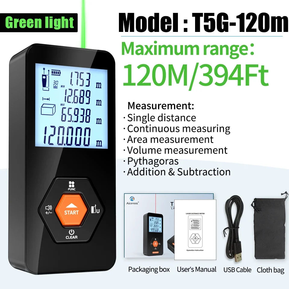 جهاز قياس المسافات الرقمي Aicevoos Green Light Laser Rangemometer 50M70M100M120M بشعاع ليزر أخضر شريط قياس ليزر Trena Roulette