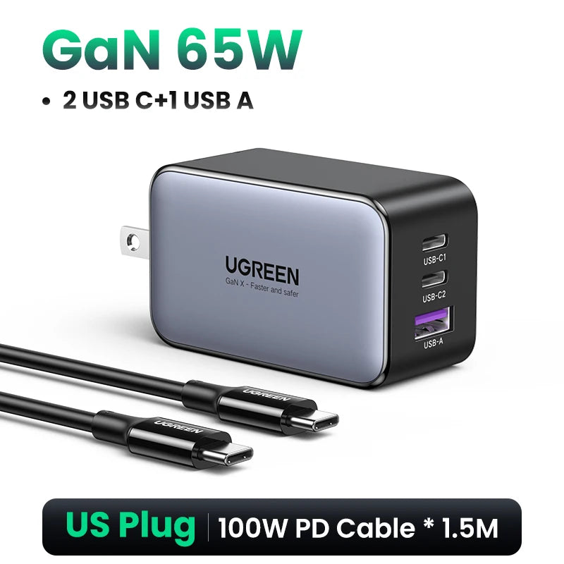 شاحن UGREEN GaN بقوة 65 وات بتقنية الشحن السريع 4.0 3.0 USB C لأجهزة iPhone 16 15 14 Pro Max والكمبيوتر المحمول وMacbook Air والكمبيوتر اللوحي وشاحن PD السريع