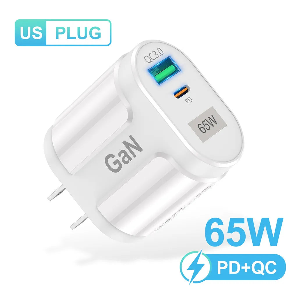 USLION 65W GaN USB Charger AU EU US UK Plug Fast Charging Tablet Laptop USB C Quick Charge QC 3.0 Mobile Phone Charger Travel