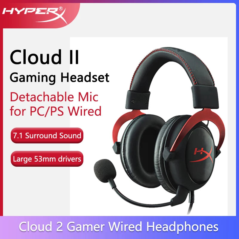 سماعة رأس HyperX Cloud II للألعاب بصوت محيطي عالي الدقة 7.1/ميكروفون قابل للفصل/بطاقة صوت USB للكمبيوتر الشخصي سماعة رأس سلكية للألعاب PS Cloud 2