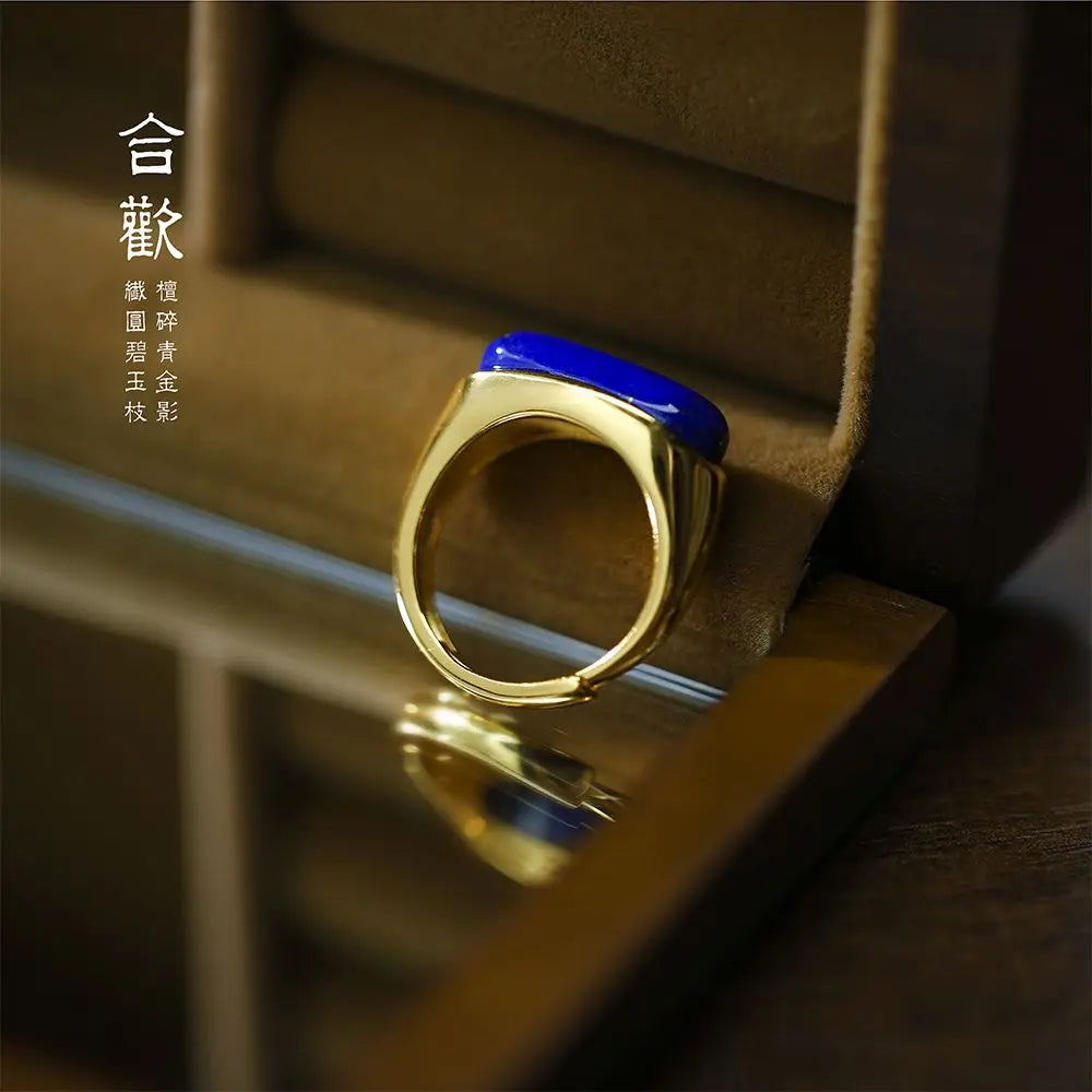 Natural Lapis Lazuli Blue Ring Old Material Emperor Green S925 Silver Gold Plated Niche Design Retro French Adjustable Ring