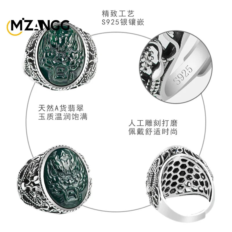 S925 Silver Inlaid with Natural JadeiteDragon Head Ring Exquisite Fashion Adjustable Ink Jadeite Vintage Finger Ring Men's Gifts