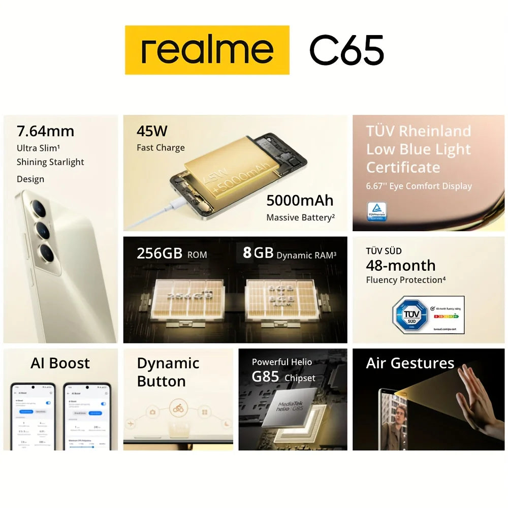 هاتف realme C65 الذكي كاميرا 50 ميجا بكسل AI شحن 45 وات SUPERVOOC شاشة كبيرة 6.67 بوصة بطارية 5000 مللي أمبير Helio G85 NFC