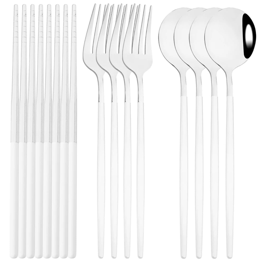 12-16Pcs Chopsticks Knife Fork Spoon Cutlery Set Green Gold Dinnerware Set Luxury Stainless Steel Flatware Korean Tableware Set