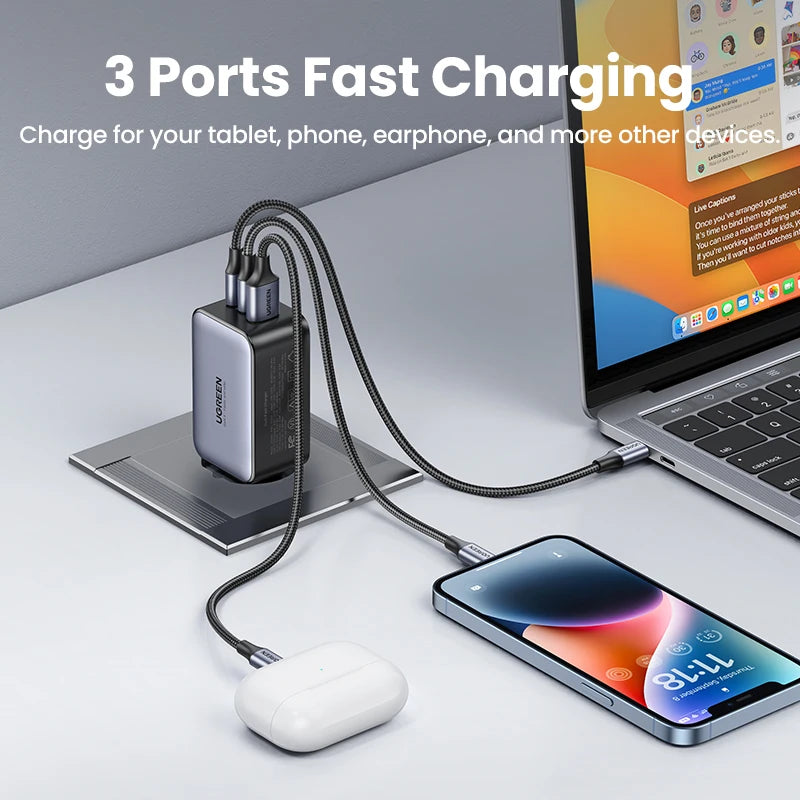 شاحن UGREEN GaN بقوة 65 وات بتقنية الشحن السريع 4.0 3.0 USB C لأجهزة iPhone 16 15 14 Pro Max والكمبيوتر المحمول وMacbook Air والكمبيوتر اللوحي وشاحن PD السريع