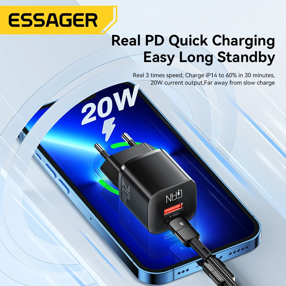 شاحن Essager 20W GaN USB Type C للشحن السريع PD QC 3.0 للهواتف الذكية iPhone 14 13 12 11 Pro Max Mini iPad