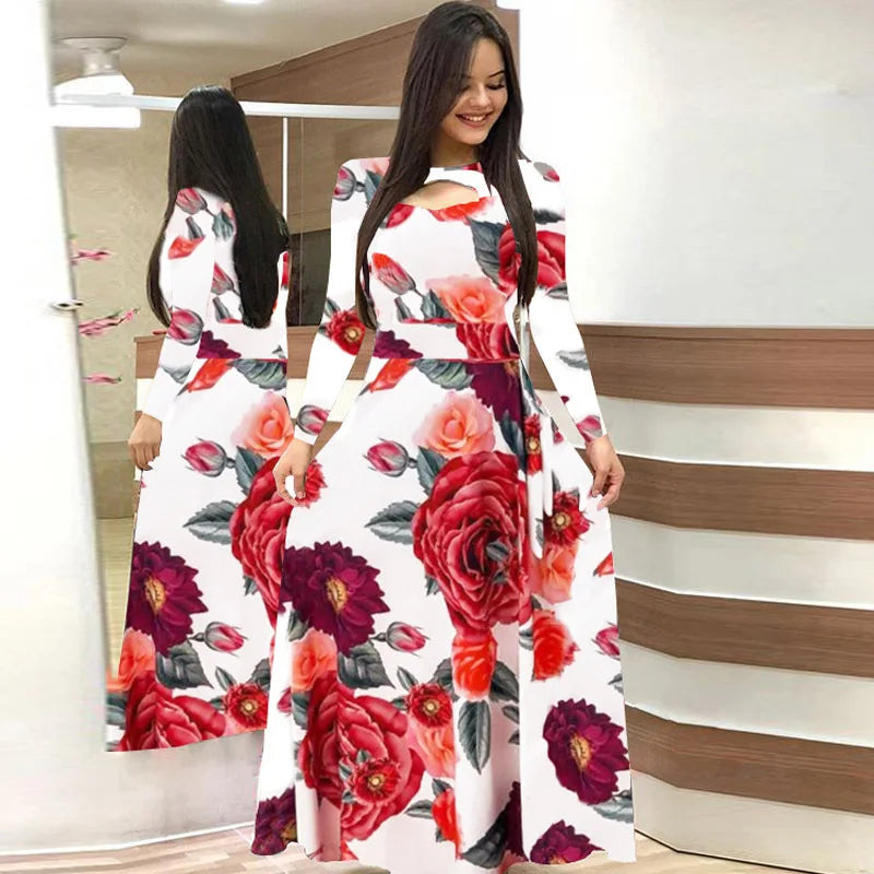 Spring /Autumn Fashion Flower Long Sleeved O-Neck Hollow Slim Fit Dress Women Elegant Long Vestido Maxi Clothes Robe Sexy Femme