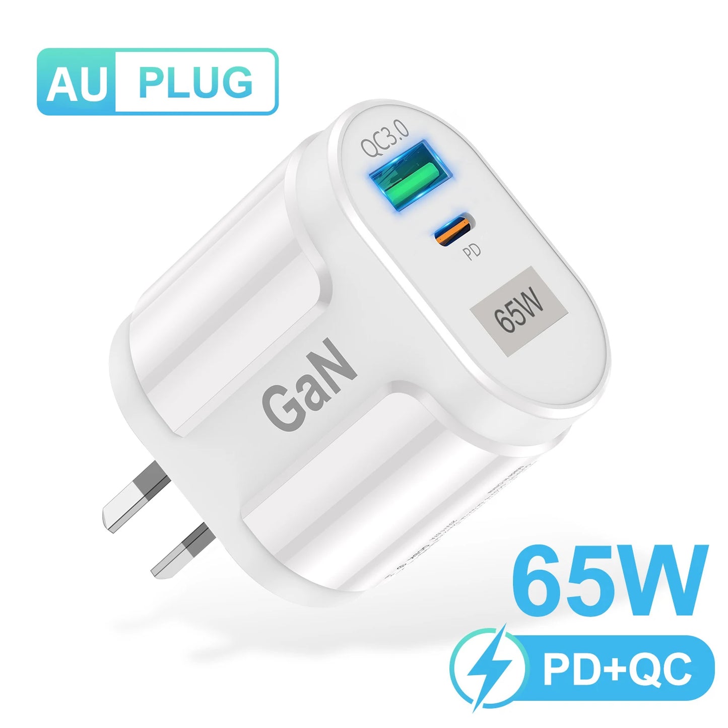 USLION 65W GaN USB Charger AU EU US UK Plug Fast Charging Tablet Laptop USB C Quick Charge QC 3.0 Mobile Phone Charger Travel