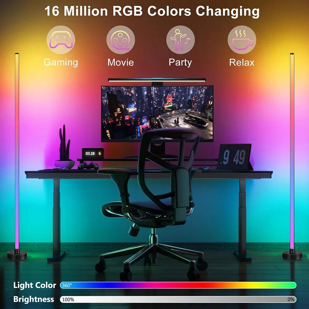 مصباح أرضي ذكي LED مع جهاز تحكم عن بعد RGB ومزامنة الموسيقى وإضاءة الزاوية ومؤقت مصباح قائم عصري لغرفة المعيشة والألعاب