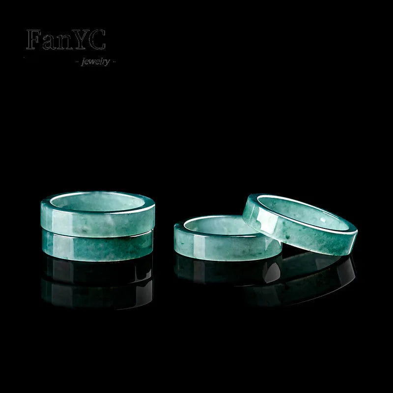 Myanmar A-goods Jadeite Blue Water Ring Hand-carved Simple Fashion Glutinous Ice Jade Ring Men and Women Holiday Gift