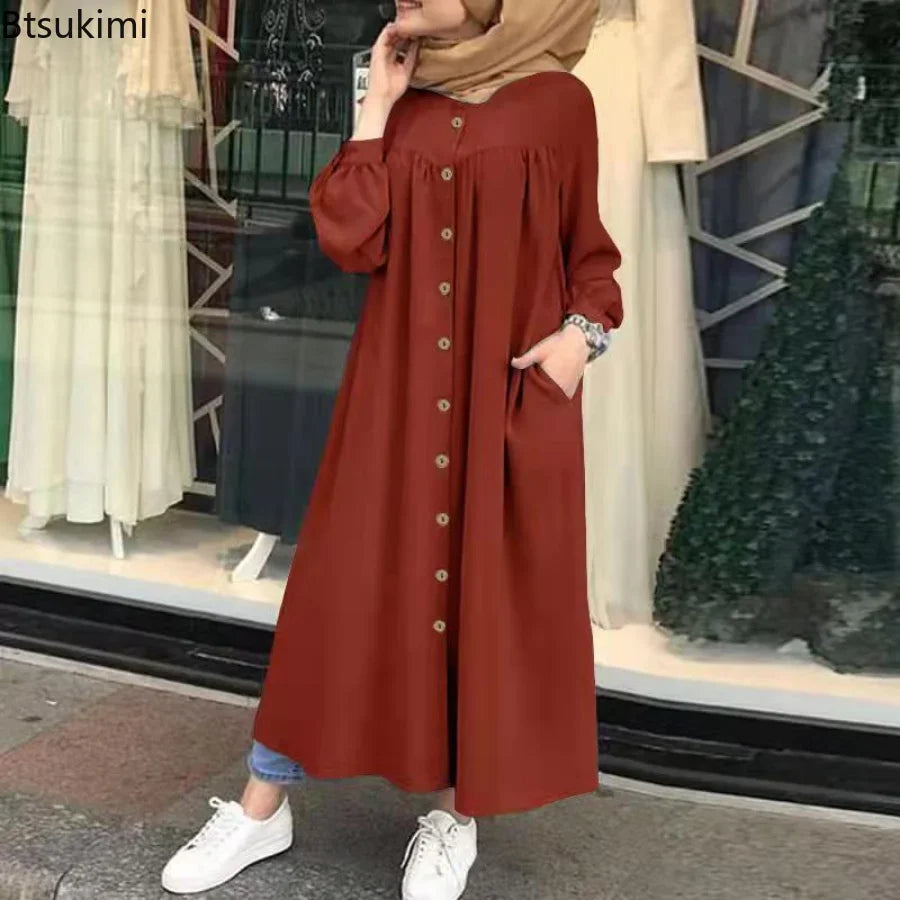 Plus Size 4XL 5XL Women's Casual Muslim Dress Button Solid Long Sleeve Shirt Dress Pocket Robe Abayas for Women Open Abaya Dress