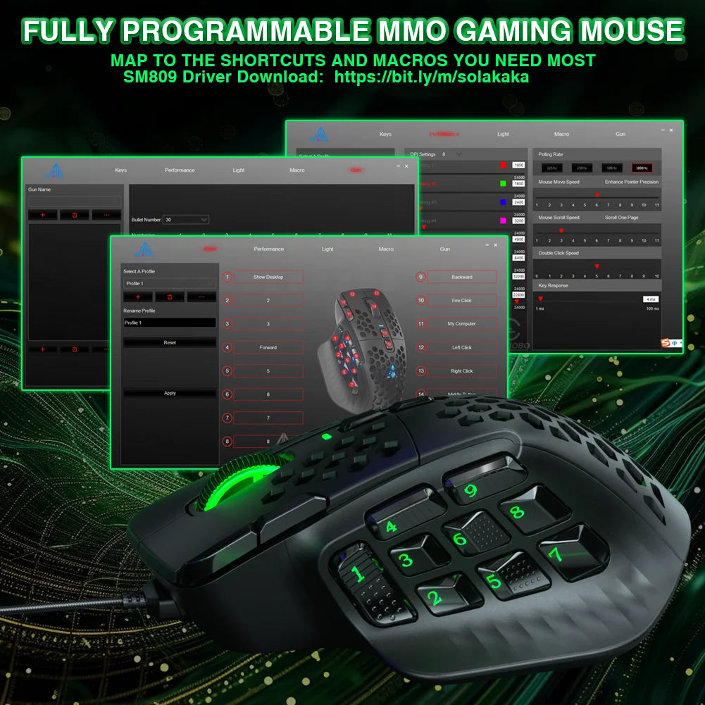 SOLAKAKA SM809 Wired Gaming Mouse Side Buttons 22800 DPI 16 Programmable MMO Macro Esports Mouse Heneycemb Ergonomic RGB Backlit