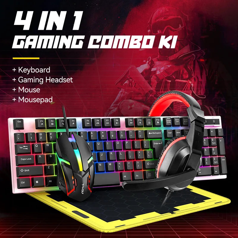 New 4 in 1 Keyboard Mouse Earphone Mousepad 4pcs Set USB Wired Gaming Computer Accessories Luminous Backlit Keyboard Mouse