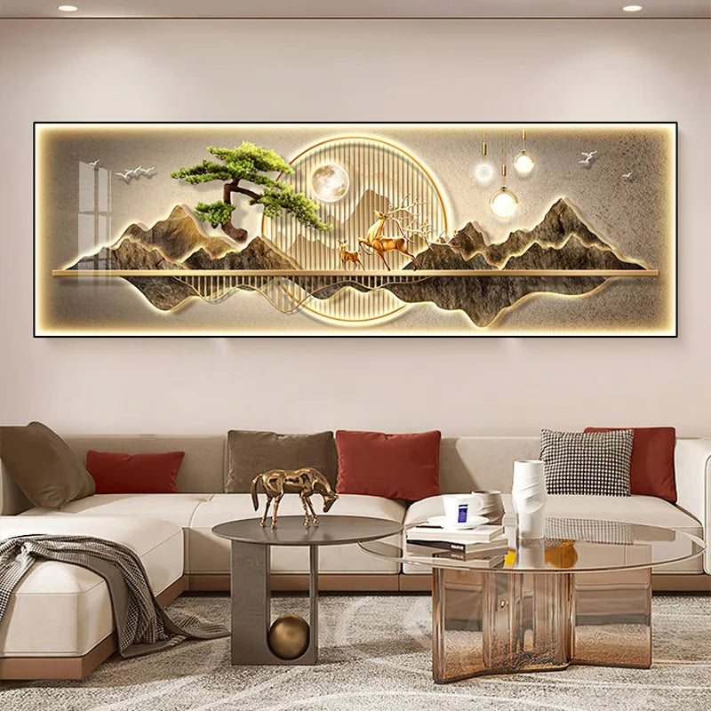 New Chinese Fengshui Mountain Canvas Painting Luxury Deer Landscape Posters Wall Pictures for Living Room Bedroom Decor Unframed