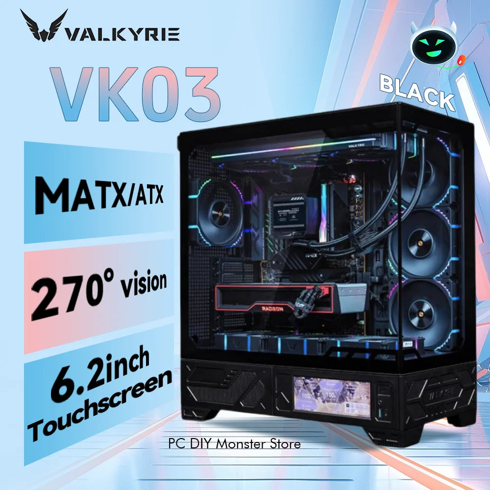 هيكل كمبيوتر للألعاب VALKYRIE VK03 ATX يدعم شاشة تعمل باللمس مقاس 6.2 بوصة ومبردة بالماء بزاوية 270 درجة وقابلة للإزالة وغطاء كمبيوتر بإطلالة على البحر