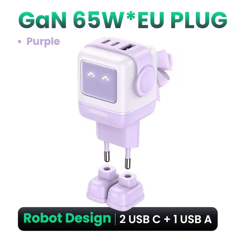 New！UGREEN 65W GaN Charger Robot Design Quick Charge 4.0 3.0 PPS PD Fast Charger for iPhone 16 15 14 Pro Macbook  Laptop Tablet