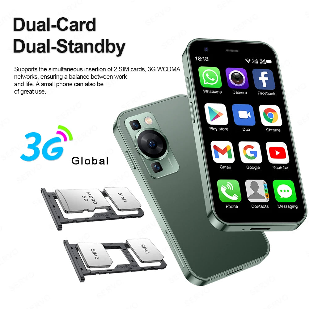 هاتف ذكي صغير يعمل بنظام أندرويد SERVO P60 PRO بشاشة 3.0 بوصة وذاكرة وصول عشوائي 2 جيجابايت وذاكرة داخلية 16 جيجابايت ونقطة اتصال واي فاي ونظام تحديد المواقع العالمي (GPS) وسعر منخفض