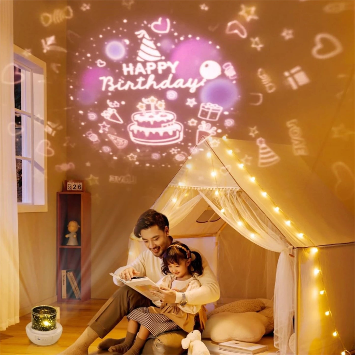 LED Remote Control Crown Starry Night Light Projection, Rotating Atmosphere Light with BT Speaker for Birthday Celebration and R