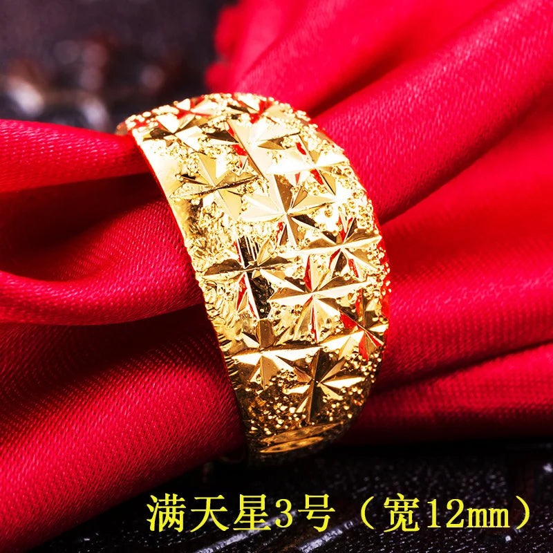 UMQ 24K Pure Plated Real 18k Yellow Gold 999 24k Plain Smooth Face Personality Money Seeking Couple Ring for Men and Women Coupl