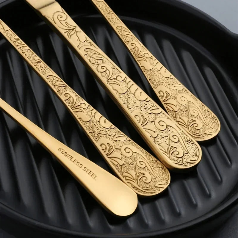 Elegant Western Tableware Set Golden Phoenix Pattern Stainless Steel Spoon and Fork Set Retro Relief Luxury Cutlery Home Decor