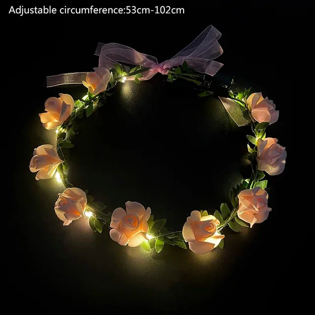 Luminous LED Rose Wreath with Ribbon Artificial Flower Crown Fashion Lighting Girls Women Hairband Birthday Wedding Decoration