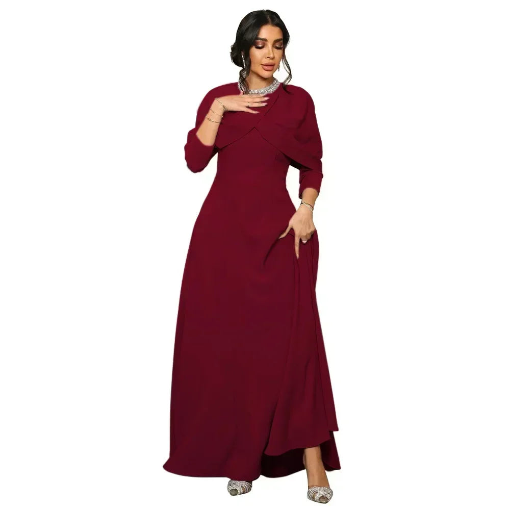 Muslim Shawl Collar Dress Women Long Robe Peals Sequins Round Neck Zip Gown Party Dresses A-Line Abaya Islam Fashion Pure Skirt