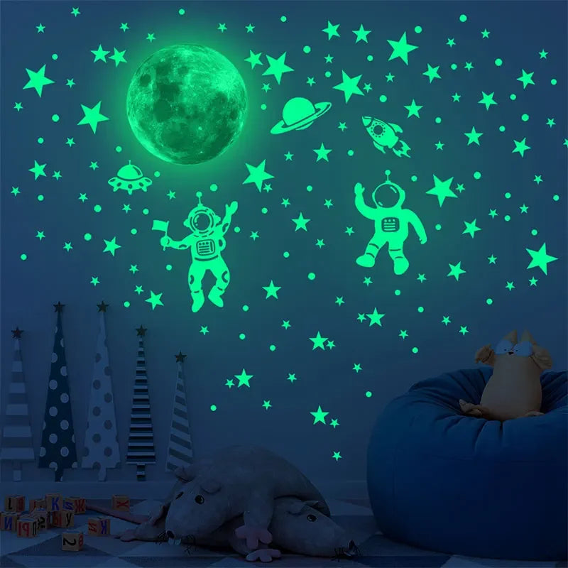 Luminous Moon Stars Astronaut Ceiling Wall Stickers Bedroom Living Room Glow Decals Noctilucent Stickers Home DIY Decoration