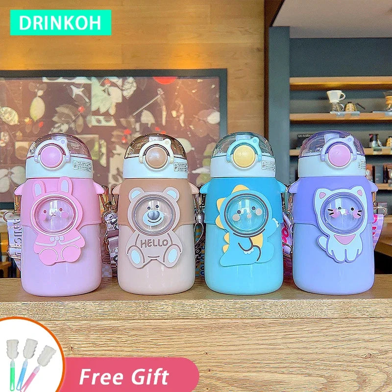 Portable Cute Water Bottle Insulated Cup Children Straw Thermal Tumbler Cartoon Thermos 316 Stainless Steel Vacuum Flasks Girls