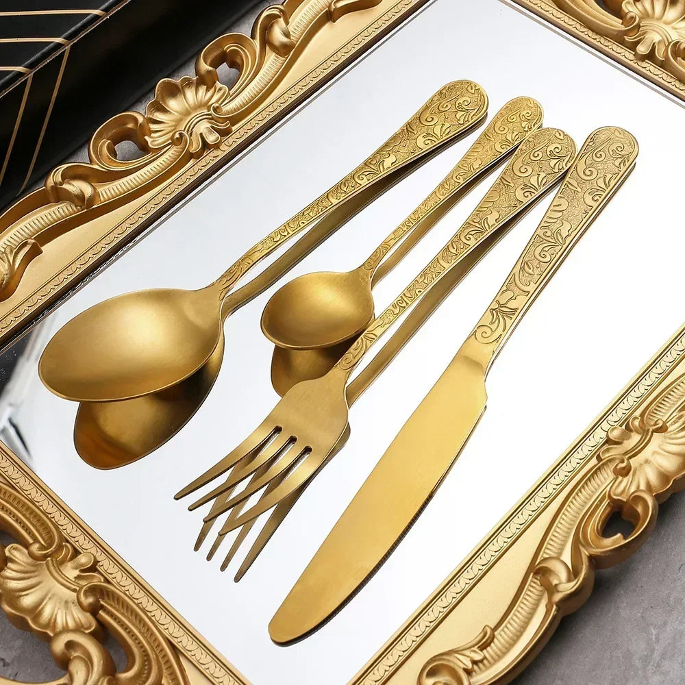 Elegant Western Tableware Set Golden Phoenix Pattern Stainless Steel Spoon and Fork Set Retro Relief Luxury Cutlery Home Decor