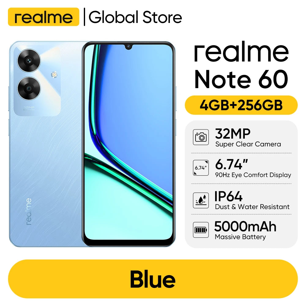 هاتف realme Note 60 بشاشة 6.74 بوصة ومعدل تحديث 90 هرتز وكاميرا فائقة الوضوح بدقة 32 ميجابكسل وبطارية 5000 مللي أمبير في الساعة IP64 مقاومة للماء والسقوط وحماية شاملة