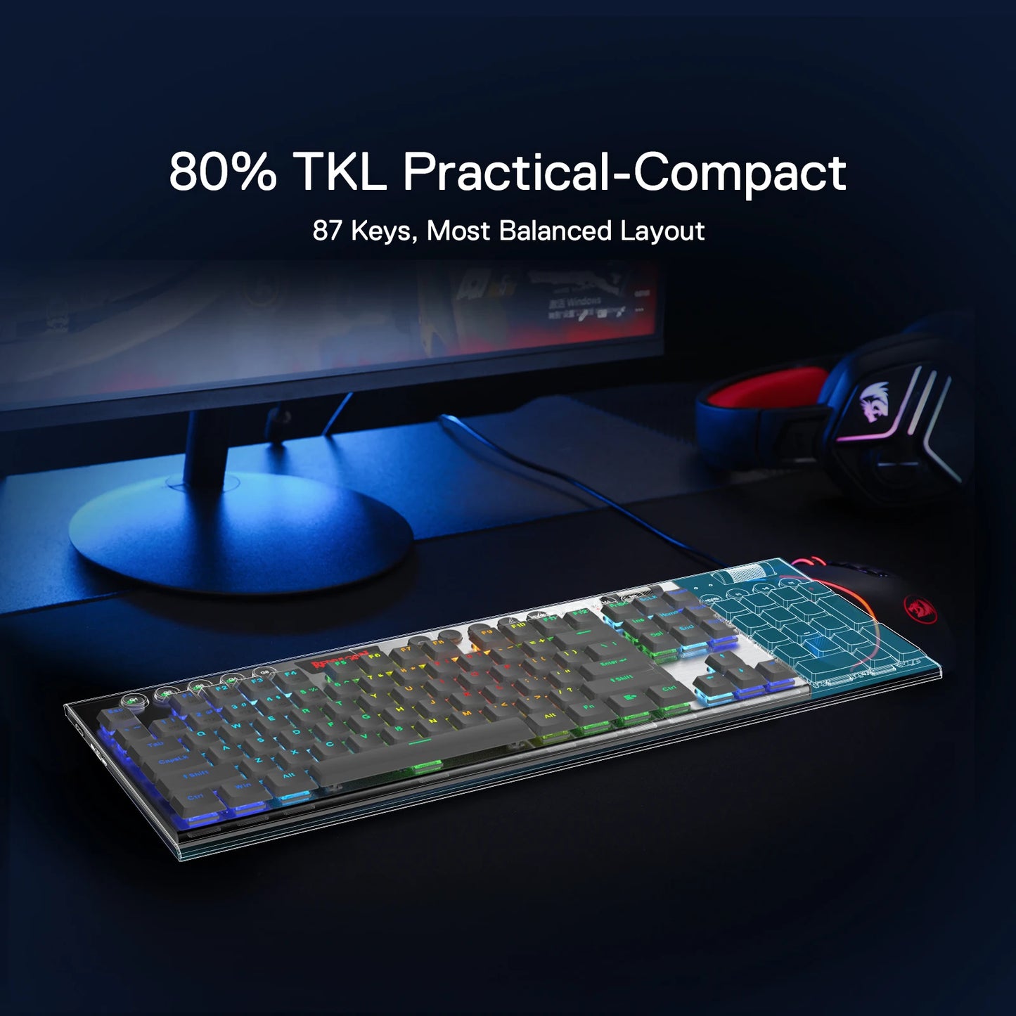 لوحة مفاتيح ميكانيكية Redragon K621 Horus TKL لاسلكية منخفضة الارتفاع بتقنية RGB، سلكية بنسبة 80% فائقة النحافة، مفاتيح حمراء/بنية/زرقاء