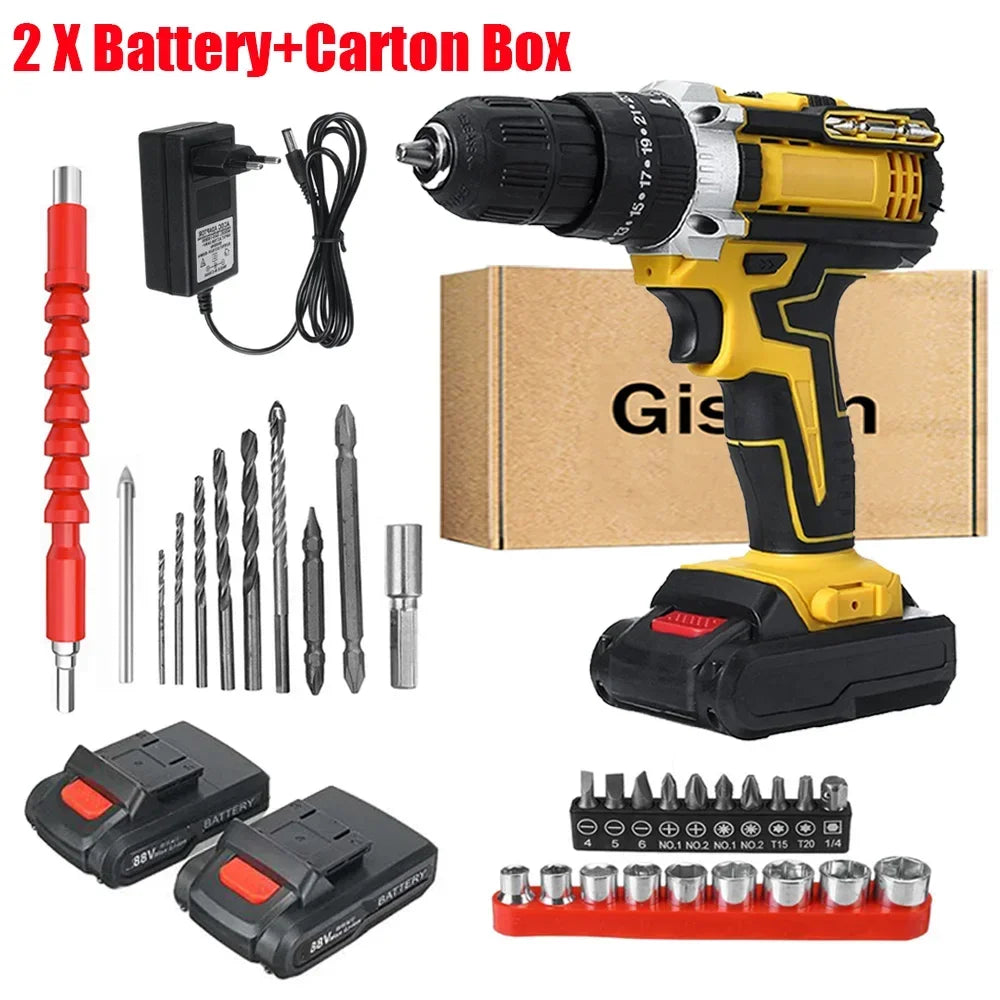 25+3 Torque Battery Impact Screwdriver Cordless Drill Household Power Tool Setting 2 Gear Speed Electric Screwdriver