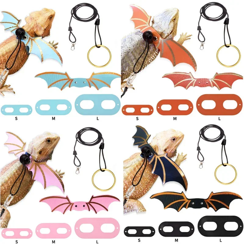 Adjustable Bearded Dragon Leash With Bat Wings Soft Leather  Harness  Amphibians And Other Small Reptile Dog choke collar Puppy