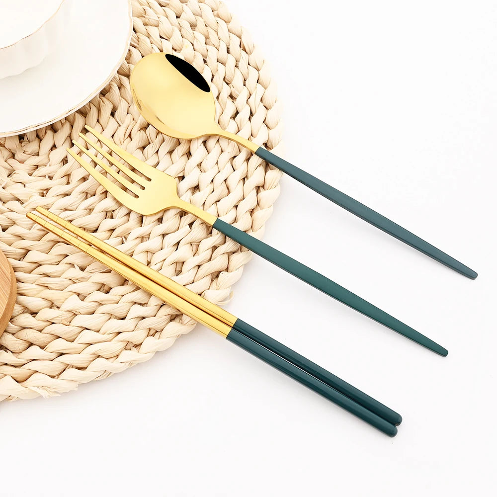 12-16Pcs Chopsticks Knife Fork Spoon Cutlery Set Green Gold Dinnerware Set Luxury Stainless Steel Flatware Korean Tableware Set