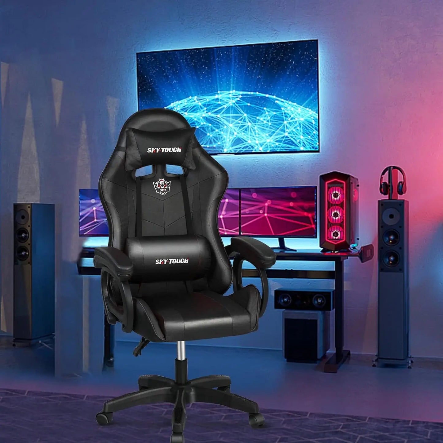 Gaming chair Adjustable Computer chair Pc office Pu Leather HighBack, Ergonomic Lumbar Support,Armrest  Pillow，Black